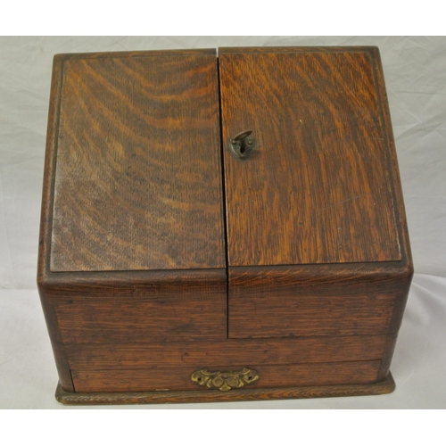 122 - Edwardian oak stationery box with fall-out front, sectioned interior, with pentray, drawer under