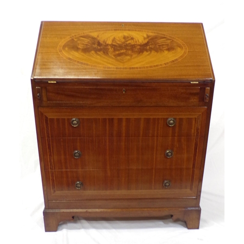 125 - Edwardian inlaid mahogany bureau with inlaid fall-out front, pull-out supports, fitted interior, fri... 