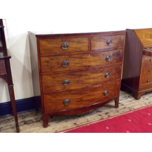 135 - Georgian inlaid and crossbanded mahogany bow fronted chest of two short and three long drawers with ... 