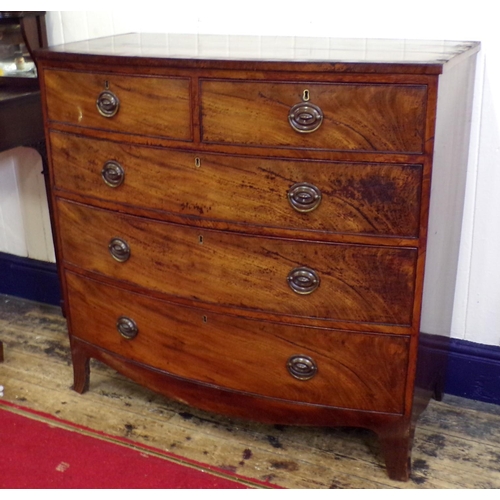 135 - Georgian inlaid and crossbanded mahogany bow fronted chest of two short and three long drawers with ... 