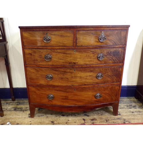 135 - Georgian inlaid and crossbanded mahogany bow fronted chest of two short and three long drawers with ... 