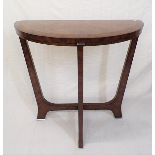 140 - Art Deco demi-lune crossbanded walnut hall or side table with silvered mounts, shaped columns and st... 