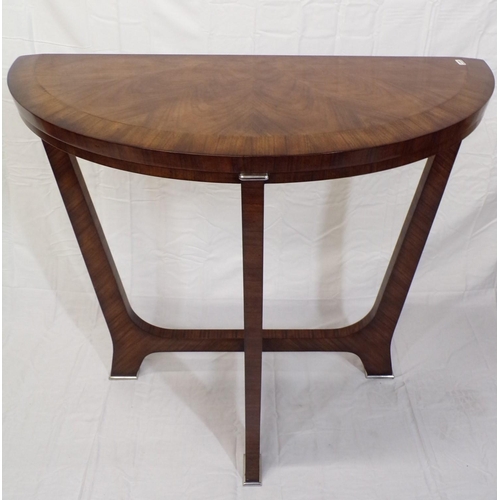 140 - Art Deco demi-lune crossbanded walnut hall or side table with silvered mounts, shaped columns and st... 