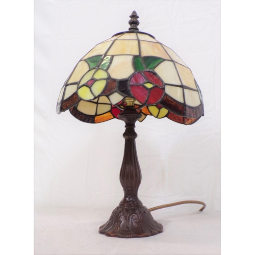 158 - Art Deco style bronzed table oil lamp with multi-coloured shade