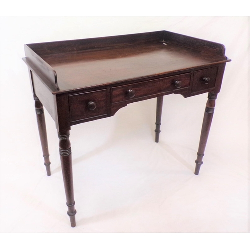 165 - Victorian mahogany hall or side table with raised gallery, three frieze drawers with round handles, ... 