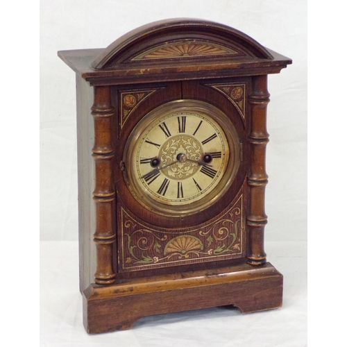 17 - German inlaid bracket clock with domed top, round brass faced dial, eight day striking mechanism, on... 