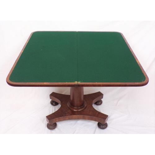 170 - William IV crossbanded mahogany card table with swivel fold-over top, on turned tapering column with... 