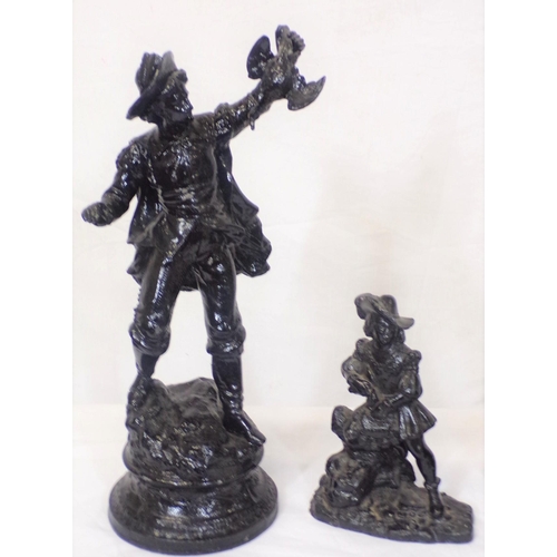 172 - Two Spelter figures of bird hunters on round bases and a lady on oval base