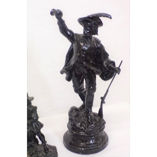 172 - Two Spelter figures of bird hunters on round bases and a lady on oval base