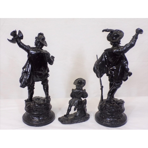 172 - Two Spelter figures of bird hunters on round bases and a lady on oval base