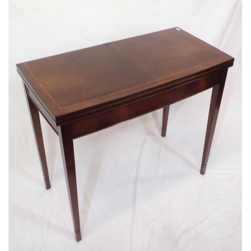 180 - Edwardian inlaid mahogany card table with swivel fold-over top, satinwood inlay, on square tapering ... 