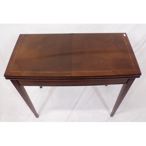 180 - Edwardian inlaid mahogany card table with swivel fold-over top, satinwood inlay, on square tapering ... 