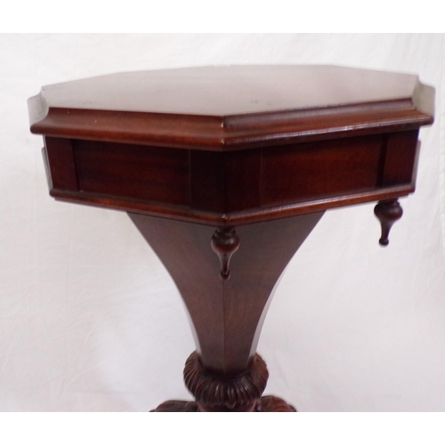 186 - William IV hexagonal shaped sewing table with lift-up lid, fitted interior with material drawer, on ... 