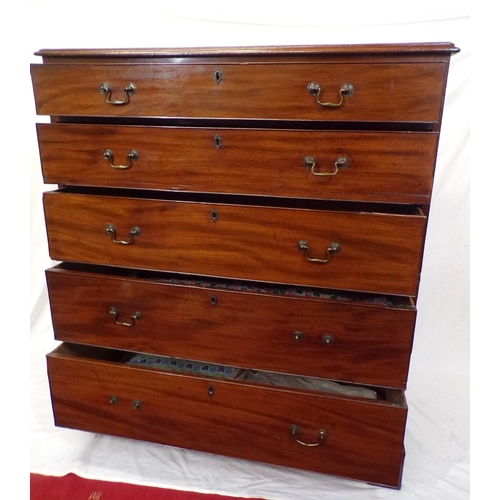 195 - Edwardian mahogany chest of five long drawers of graduating sizes, with drop handles, and bracket fe... 