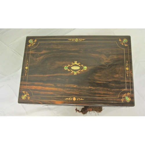 196 - Victorian inlaid coromandel writing slope with ornate brass and mother of pearl inlay, lined surface... 