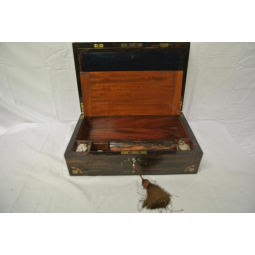 196 - Victorian inlaid coromandel writing slope with ornate brass and mother of pearl inlay, lined surface... 