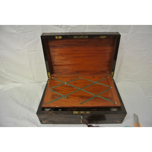 196 - Victorian inlaid coromandel writing slope with ornate brass and mother of pearl inlay, lined surface... 