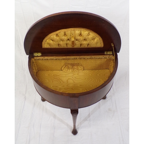 211 - Edwardian demi-lune sewing table with lift-up lid, lined interior, on shell decorated cabriole legs ... 