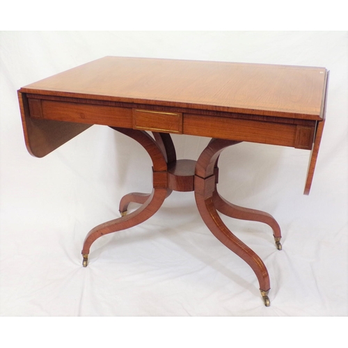 220 - Regency style inlaid and crossbanded walnut sofa table with dropped leaves, round corners, brass str... 