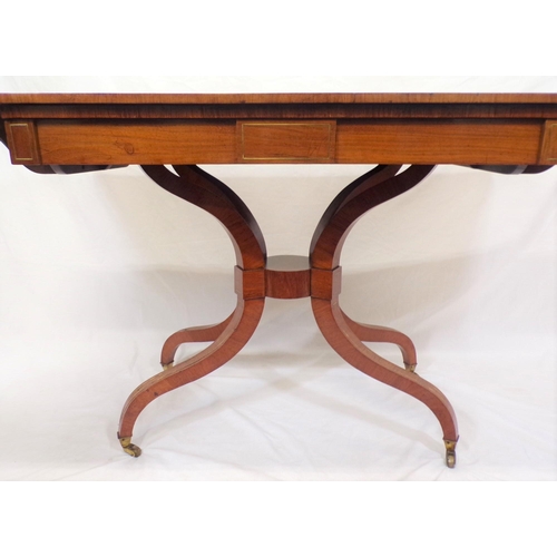 220 - Regency style inlaid and crossbanded walnut sofa table with dropped leaves, round corners, brass str... 