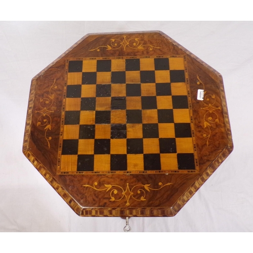 244 - Victorian inlaid walnut games and work table with herringbone border, inlaid gamesboard, hexagonal t... 