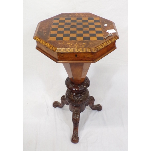 244 - Victorian inlaid walnut games and work table with herringbone border, inlaid gamesboard, hexagonal t... 