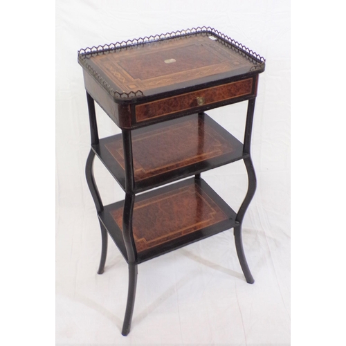 265 - Louis XV style inlaid and crossbanded burr walnut and mahogany three tier etagere with pierced brass... 