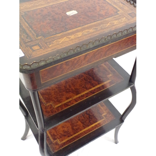 265 - Louis XV style inlaid and crossbanded burr walnut and mahogany three tier etagere with pierced brass... 