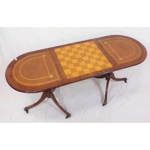 266 - Edwardian style D-end coffee and games table with chessboard and leatherette insets, on vase turned ... 