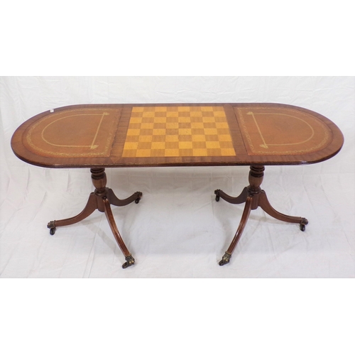 266 - Edwardian style D-end coffee and games table with chessboard and leatherette insets, on vase turned ... 