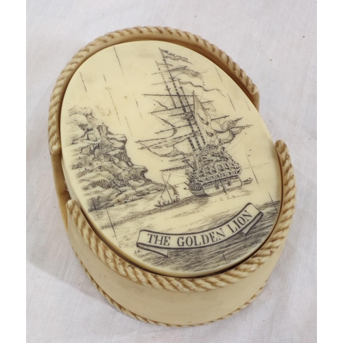 267 - Set of six oval scrimshaw style coasters of ships, in oval case