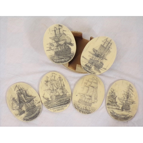 267 - Set of six oval scrimshaw style coasters of ships, in oval case