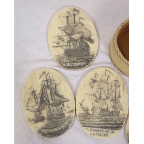 267 - Set of six oval scrimshaw style coasters of ships, in oval case