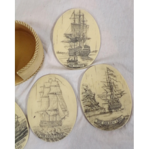 267 - Set of six oval scrimshaw style coasters of ships, in oval case