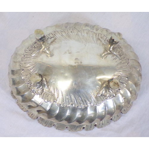 271 - German silver oval bowl with serrated rim and reeded decoration, on four cast feet 911g