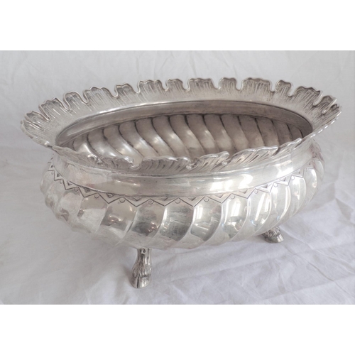 271 - German silver oval bowl with serrated rim and reeded decoration, on four cast feet 911g