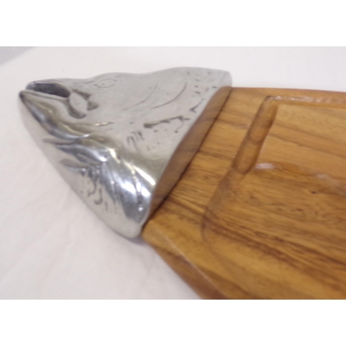 272 - Timber salmon shaped seafood serving platter with silverplated ends