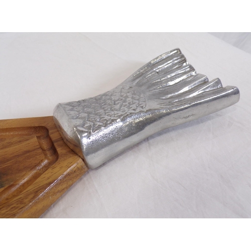 272 - Timber salmon shaped seafood serving platter with silverplated ends