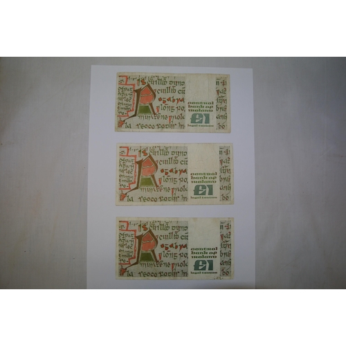 281 - Three Irish pound notes  1 ACJ 986867 dated 22-04-87 , ACK 473233 dated 09-01-89,1  BLK 380838 dated... 