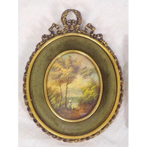 285 - Pair of Victorian style oval miniature riverside scenes, and one study of a girl, in ornate brass fr... 