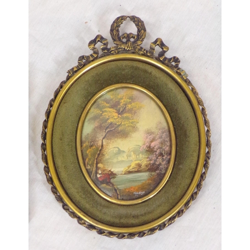 285 - Pair of Victorian style oval miniature riverside scenes, and one study of a girl, in ornate brass fr... 