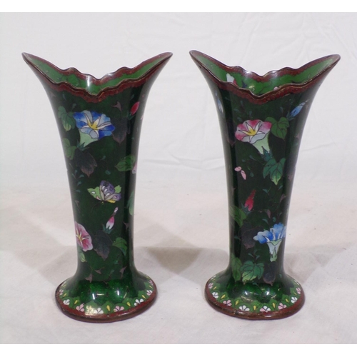 286 - Pair of Cloisonne foliate decorated vases, a tray, and an Oriental small bowl