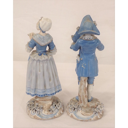 289 - Pair of Meissen figures of a lady with book and violinist, on foliate decorated bases