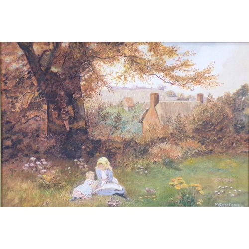 301 - M Cumiskey 'Children playing in a meadow' oil on board 20x30cm signed