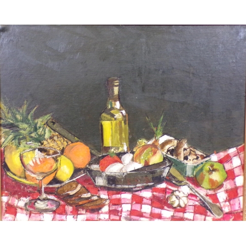 307 - Irish School 'Still life study of fruit and a bottle' oil on board 48x60cm