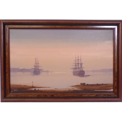 351 - Maritime School 'Galleons anchored offshore' oil on canvas 25x40cm initialled SR