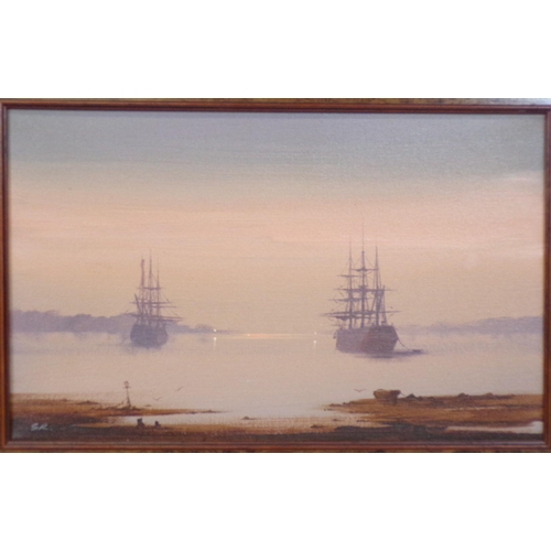 351 - Maritime School 'Galleons anchored offshore' oil on canvas 25x40cm initialled SR