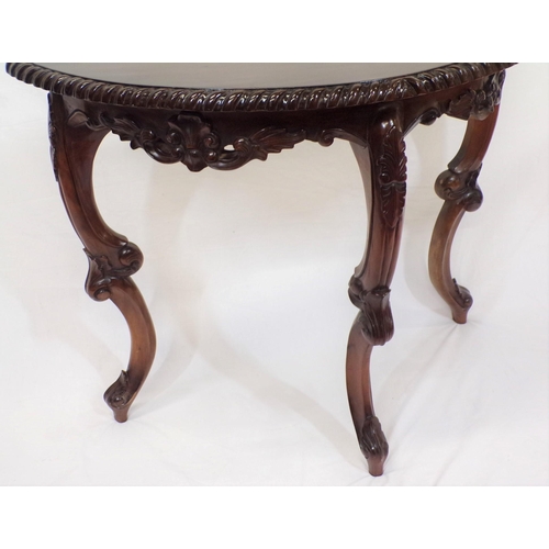 36 - Edwardian mahogany demi-lune hall or side table with rope decorated frieze, on carved cabriole legs