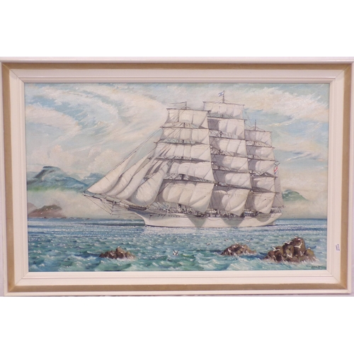 362 - Continental School 'Study of a three masted barque' oil on board 55x90cm initialled JAD