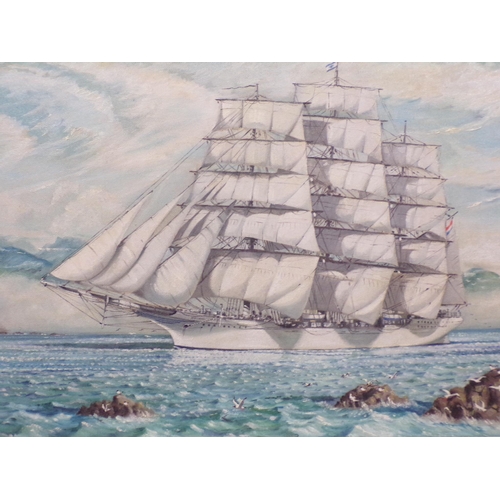 362 - Continental School 'Study of a three masted barque' oil on board 55x90cm initialled JAD